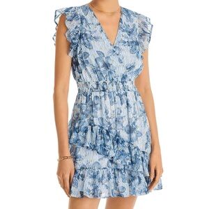 Aqua Blue Floral Ruffle V-Neck Mini Dress